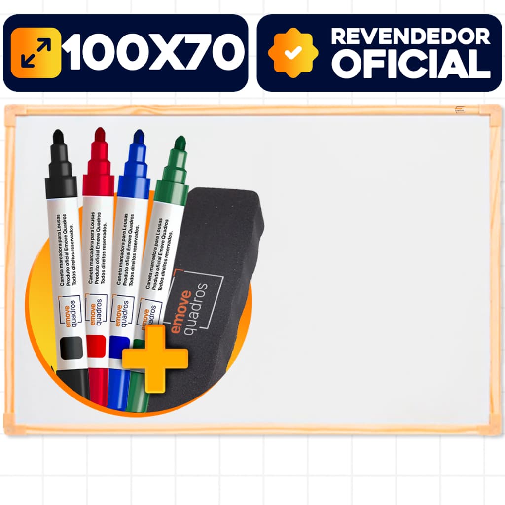 Lousa Quadro Branco 100x70 Madeira + 4 Canetas + 1 Apagador Para Planejamento Escola Escritório