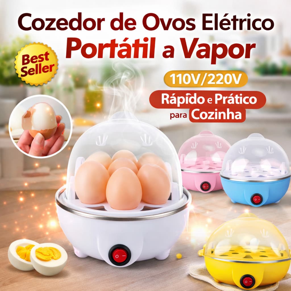 Cozedor de Ovos Elétrico Portátil a Vapor 110V/220V Rápido e Prático para Cozinha