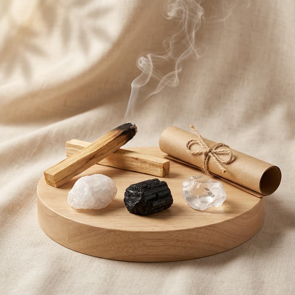 Kit Limpeza Energética Essencial - Pedra Cristal Natural Turmalina Negra Quartzo Branco Palo Santo