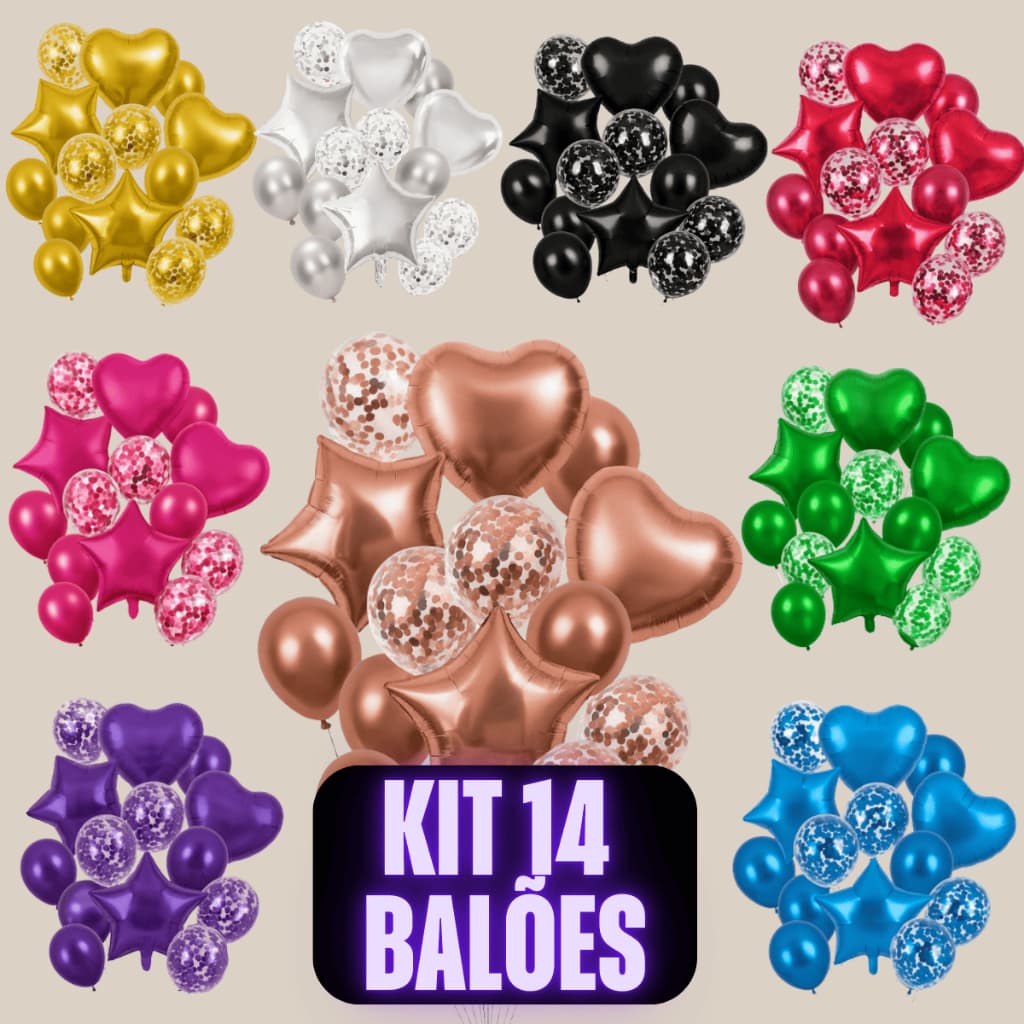 Kit Buque Balão c/ 14 Peças Metalizado e Látex Coração Estrela Confete Liso Aniversário Festa Evento