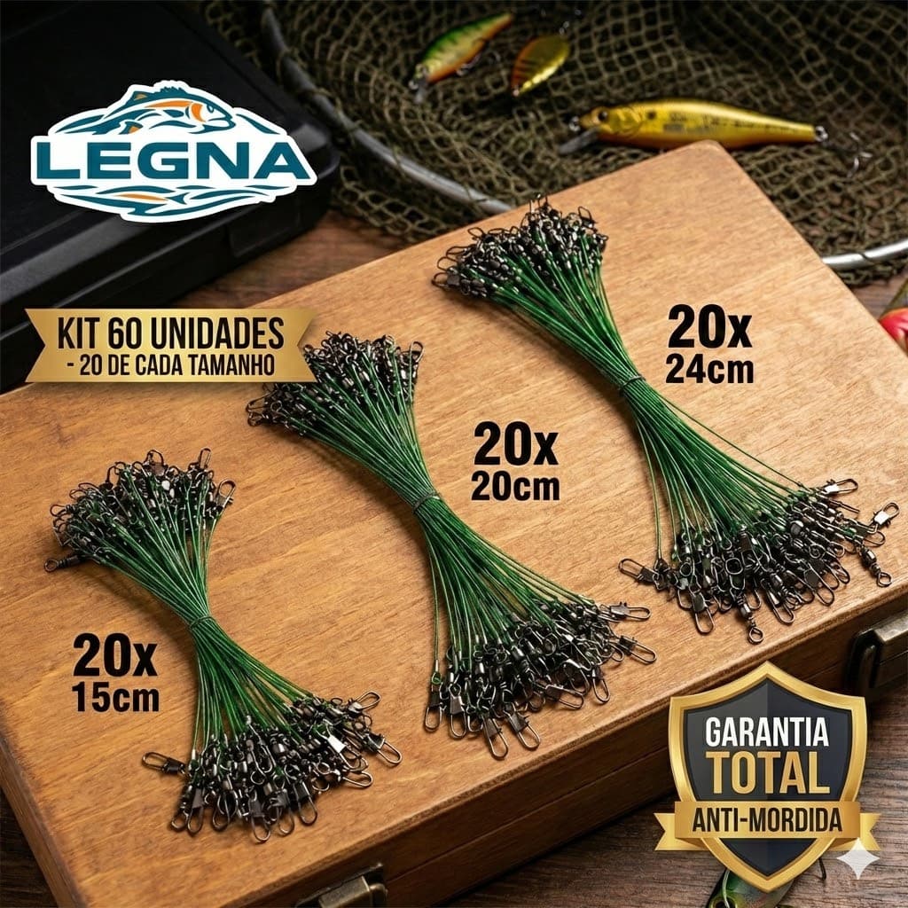 Kit 60 Chicote Pesca Aço Com Snap e Girador (20 de cada: 15, 20 e 24cm) - Encastoador Anti-Mordida