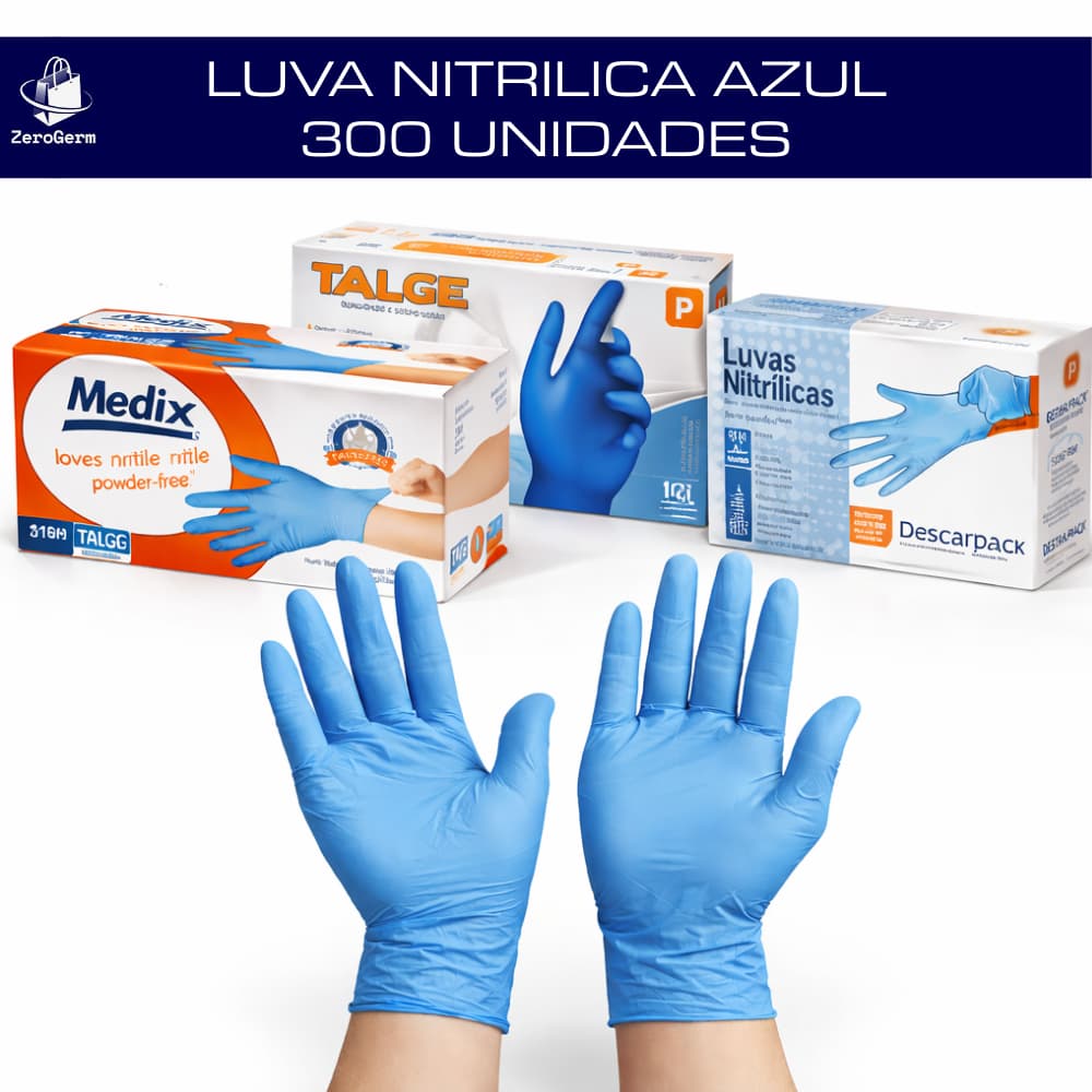 Kit 300 Luvas Nitrílica Azul Sem Pó Tam PP P M e G