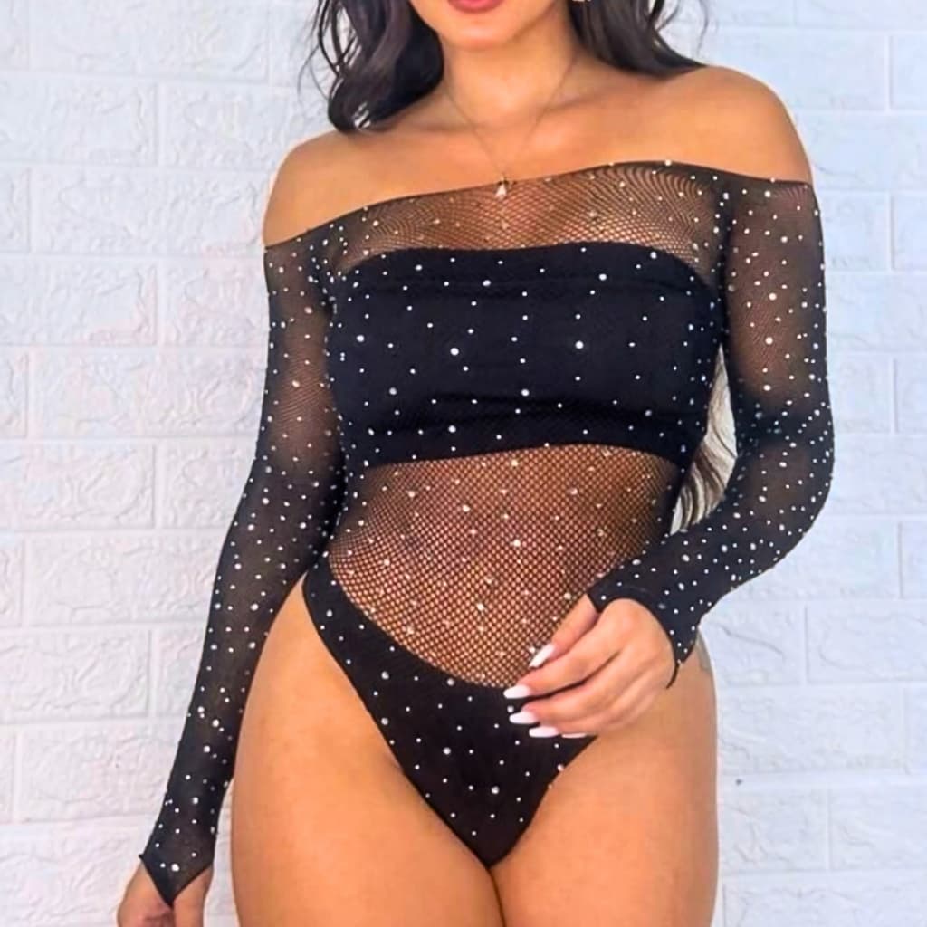 Body com Strass Arrastão Manga Longa com Brilho Transparente
