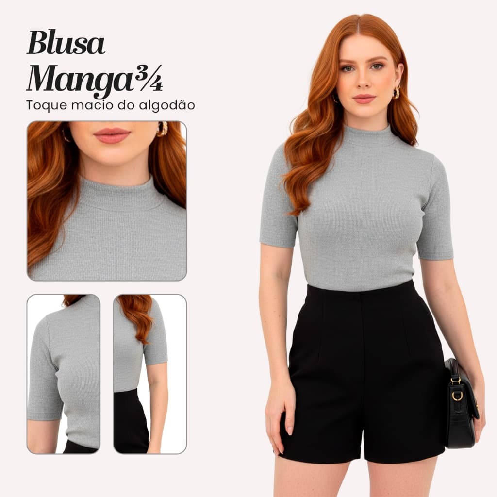 Blusa Gola Alta Ribana Canelada Manga 3/4 em Algodão - Camisa Básica Feminina Casual