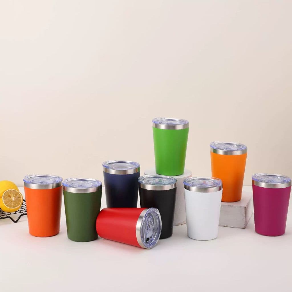 Copo térmico de aço inoxidável 360 ml – camada dupla a vácuo, formato cônico com tampa