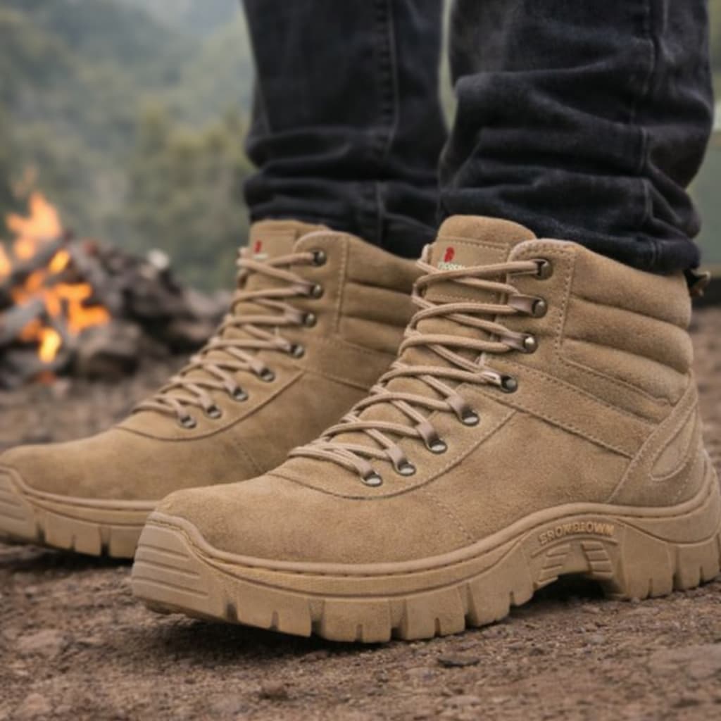 Bota Masculina Estilo Militar Couro Areia Cano Curto Conforto e Resistência