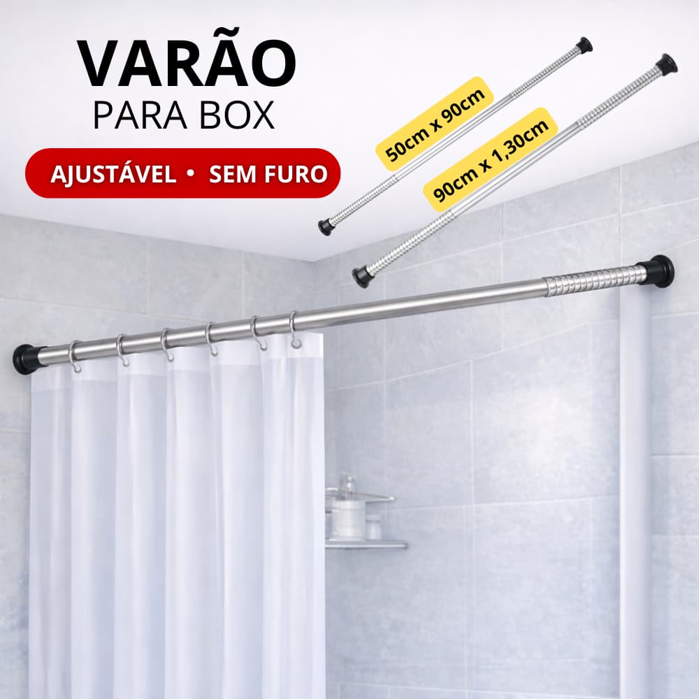 Bastão Varão Tubo Extensível para Cortina de Box Banheiro Ajustável em Alumínio Sem Furar Parede