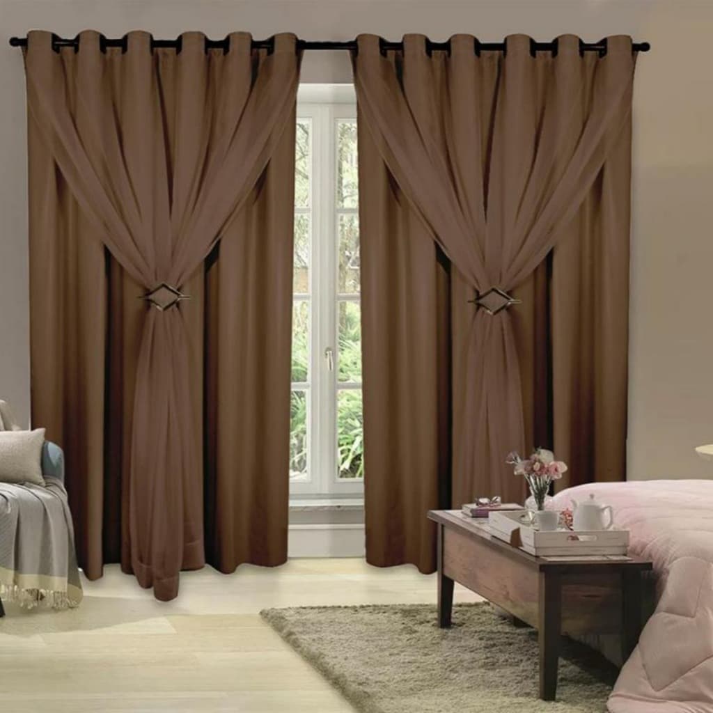 Cortina Corta Luz 4,00m X 2,40m 100% Blackout Com Voil Tabaco Para Sala Ou Quarto Para Varão Simples
