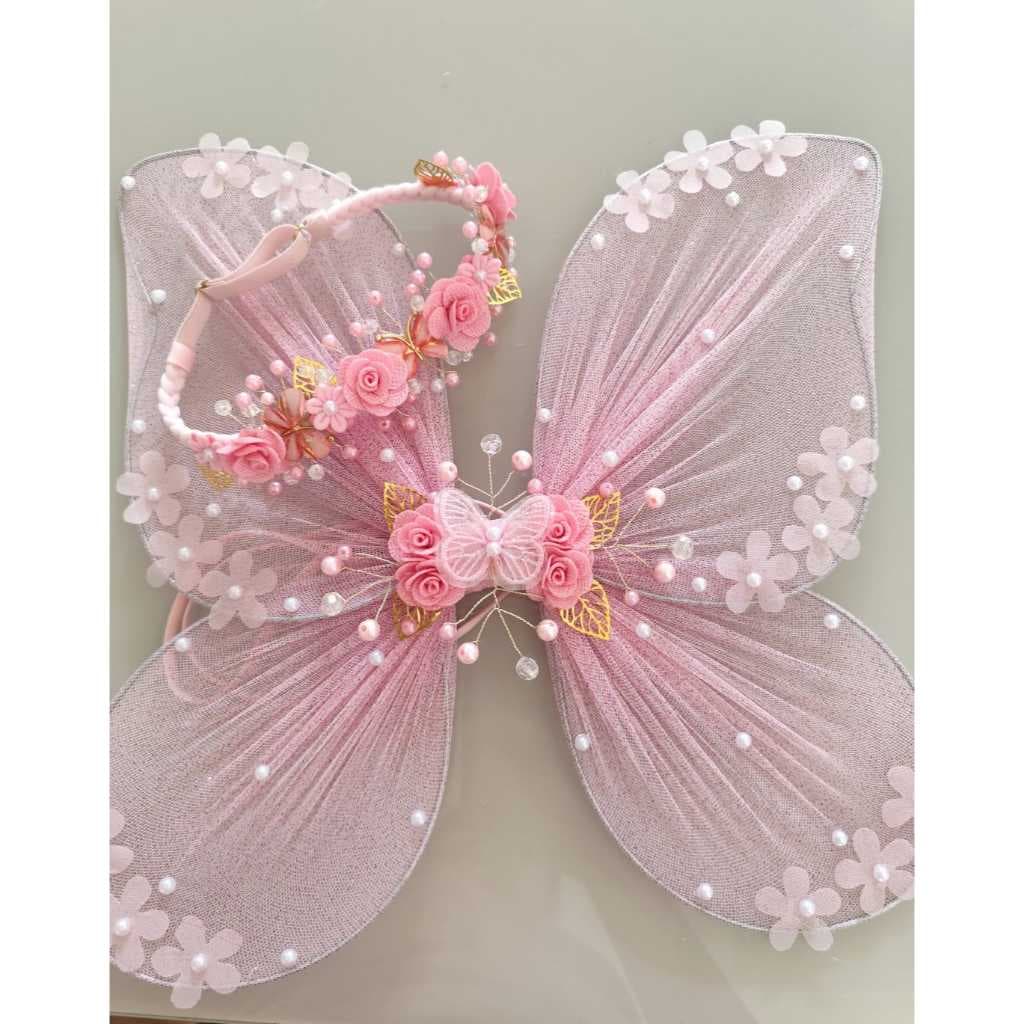 Kit Asa de borboleta jardim encantado e tiara infantil luxo fantasia fada