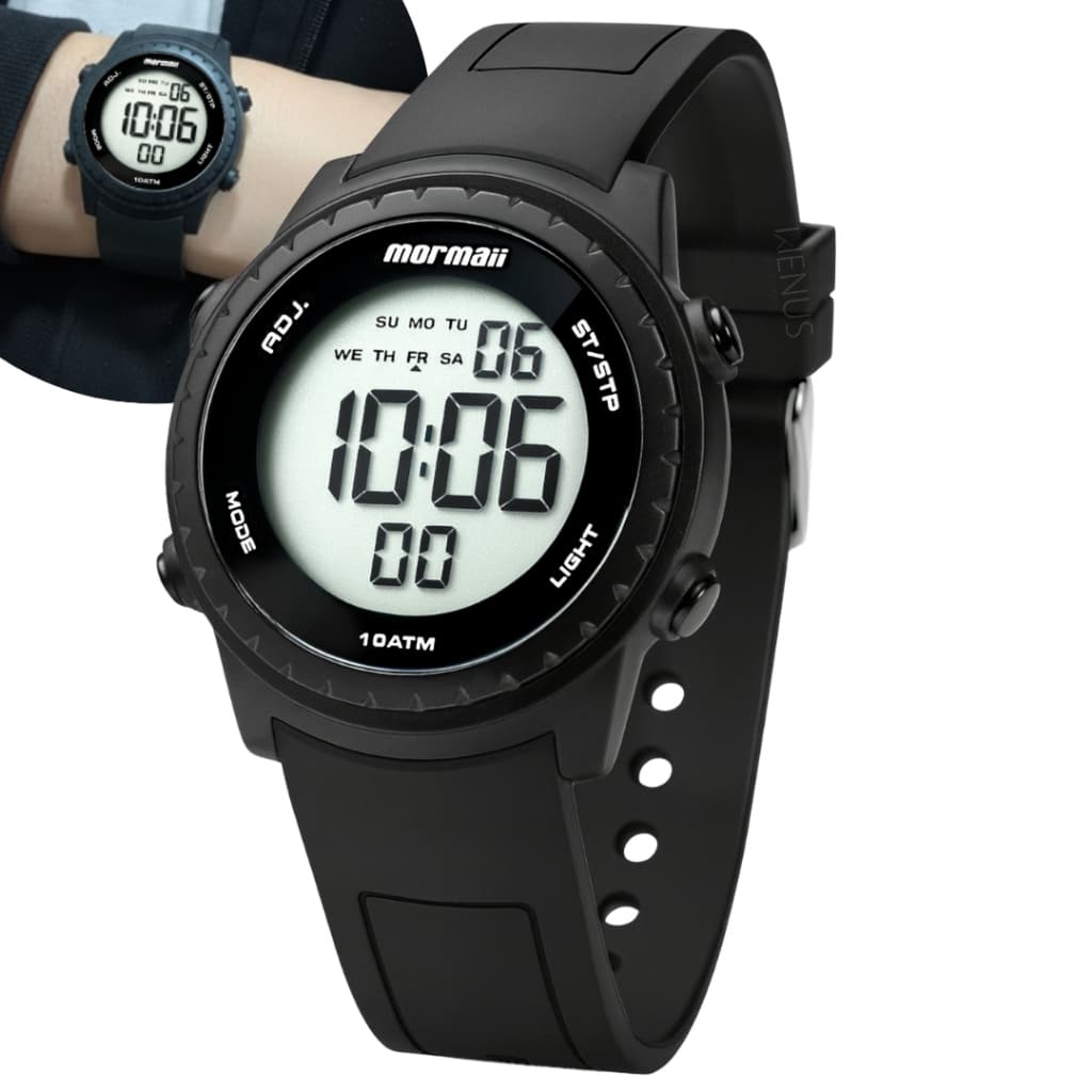Relógio Mormaii Infantil Digital Unissex Preto Esportivo LCD Positivo Calendário Alarme Prova Água 100 Metros Original