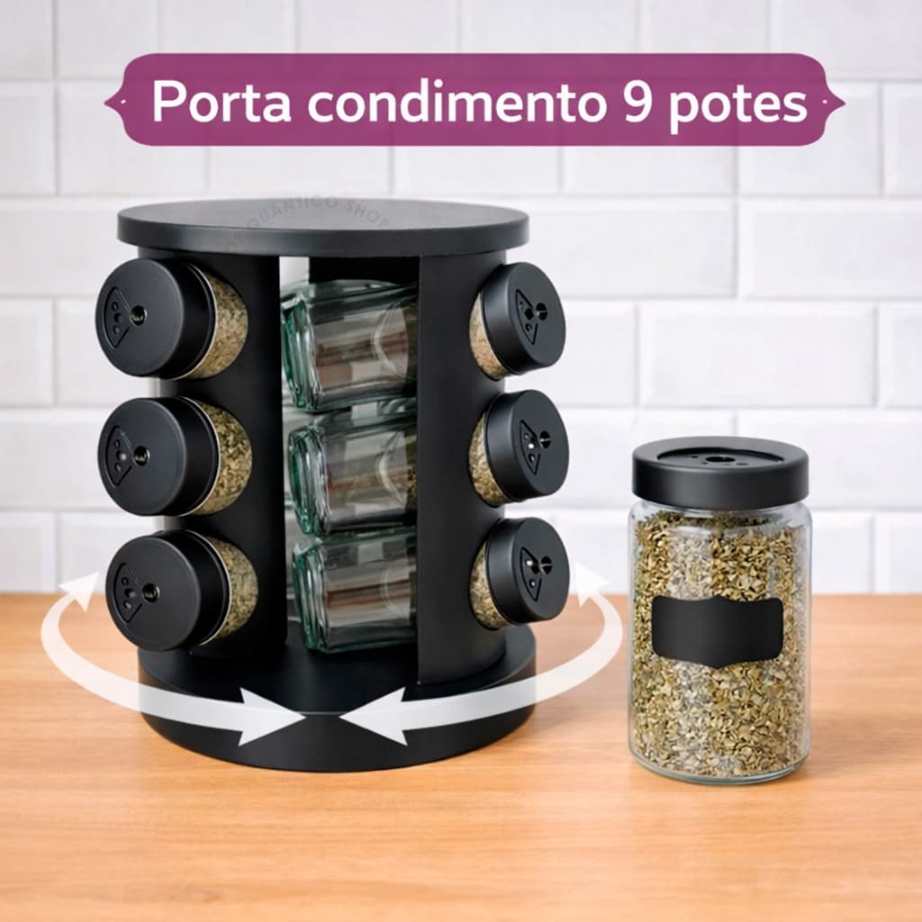 Porta Temperos 9 Potes Com Etiqueta Giratório Potes Vidro com Tampa Dosadora Condimentos Premium