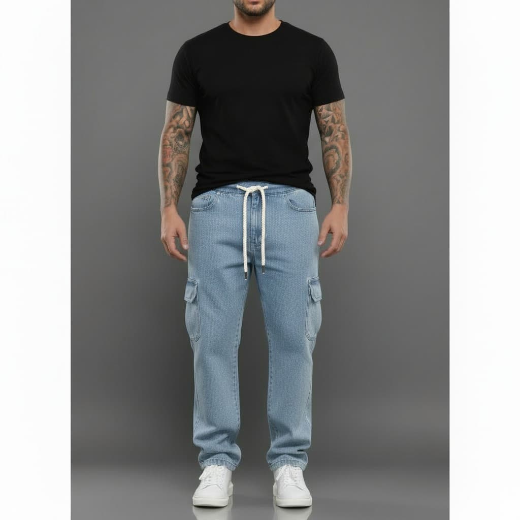 Calça Cargo Jeans Baggy com Bolso Lateral Masculina Streetwear