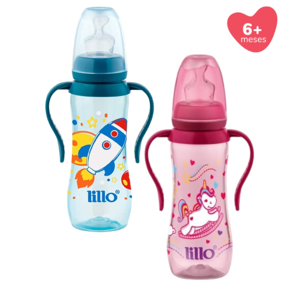 Mamadeira Lillo Ortodôntica 240ml com Alças +6 Meses Bico De Silicone Antivazamento