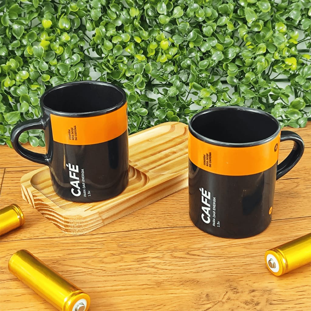 Kit 2 Xícaras/Canecas de Porcelana Reta 120ml + Suporte Pinos duplo Pilha Café Energia