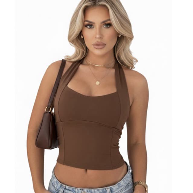 ✨ Blusa Feminina Top Halter Cropped Ajustado Decote Frente Unica Costa Nua – Casual Moda Verão 2026 ✨
