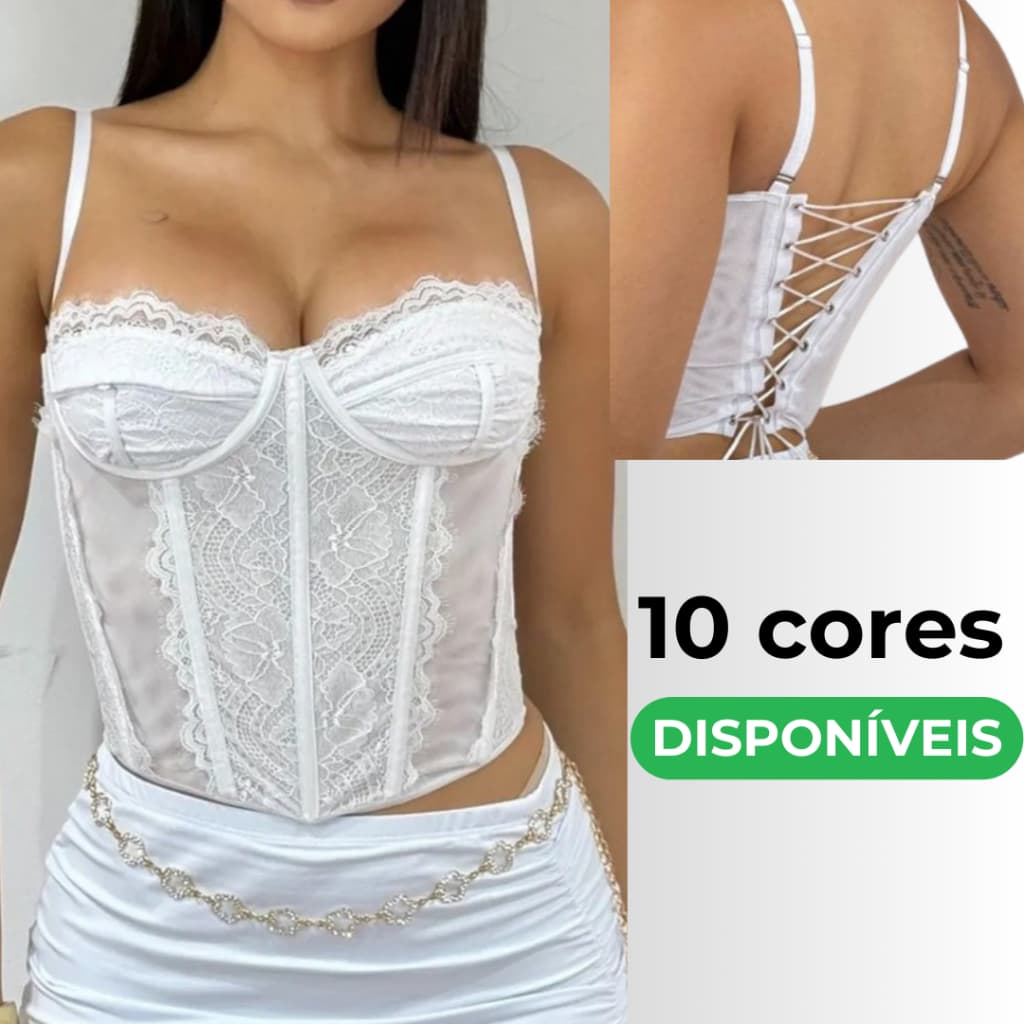Corset Rendado Sem Bojo Tule Cinderela Aro e Alça Cropped Feminino Básico
