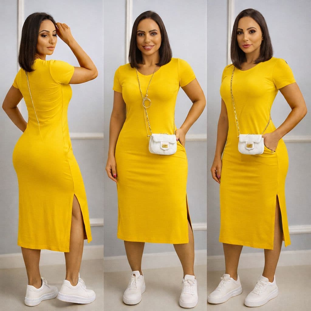 Vestido MIDI  Envio Rápido Bolso Fendas Laterais Moda Evangélica.l viscoLycra Premium, Conforto  Elegância em uma peça