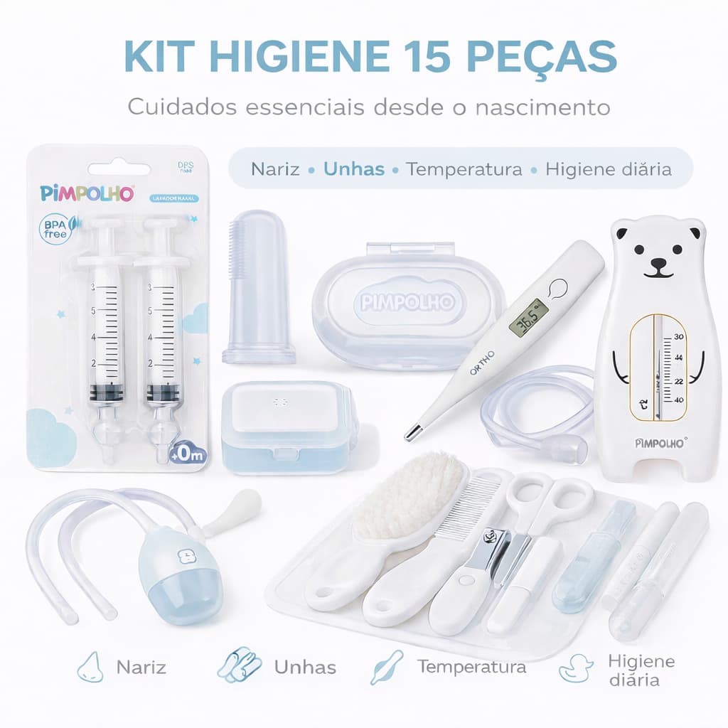 Enxoval Bebê – Kit Higiene Completo 15 Peças Pimpolho e Buba Neutro