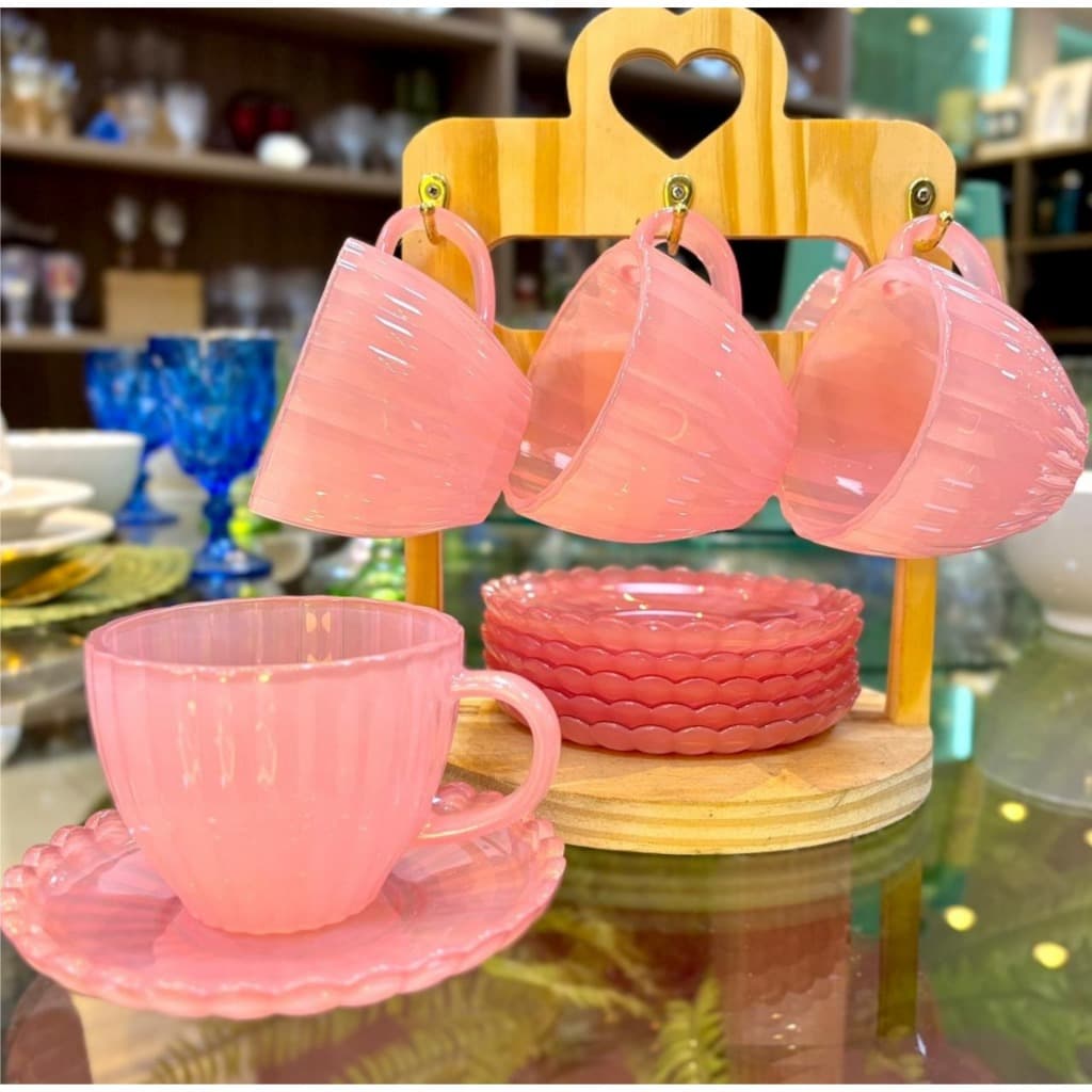Conjunto Xícaras Com Pires Petala Rosa Cha e Cafe 12 Peças Transparente Vidro 200ml Decorada