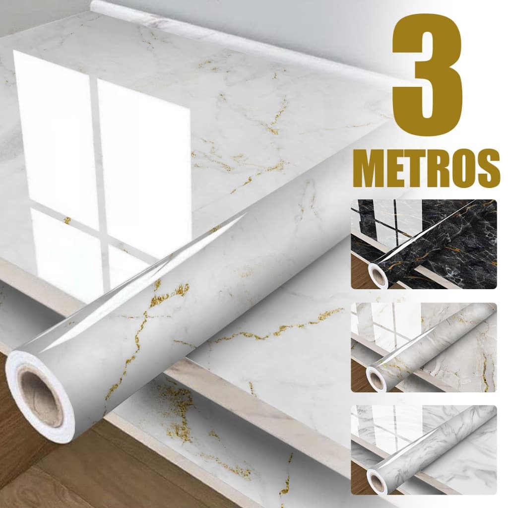 Papel de Parede Mármore Vinílico Autoadesivo 3m | Lavável e Impermeável Branco E Dourado