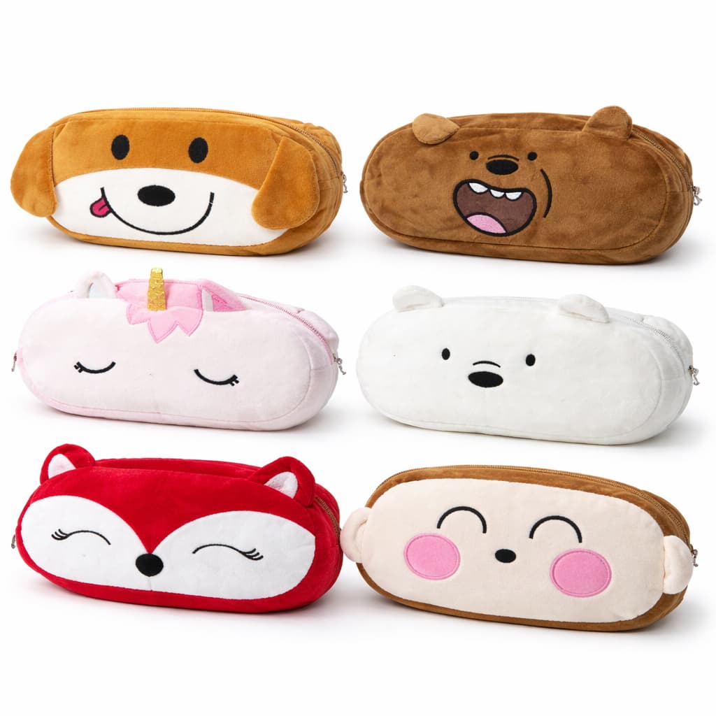 Estojo de Pelúcia Fofo Infantil Porta Lápis Maquiagem Escolar Com Zíper e Corrente