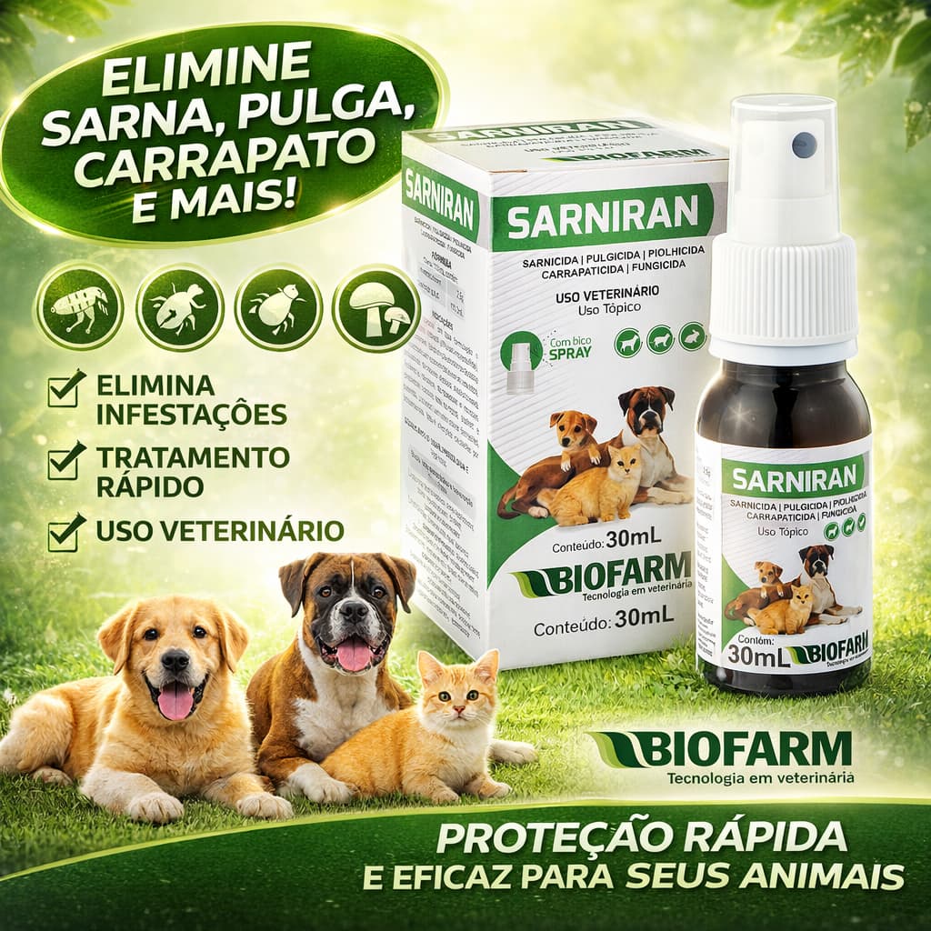 Remédio Medicamento Anti Sarna Para Cachorro Gato E Coelho Sarniran Prevenção e Controle 30mL