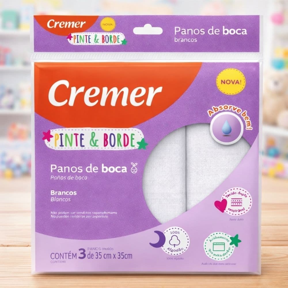 Pano de Boca Pinte e Borde Branco Kit 3 Un 35x35cm Algodão Bebê Infantil