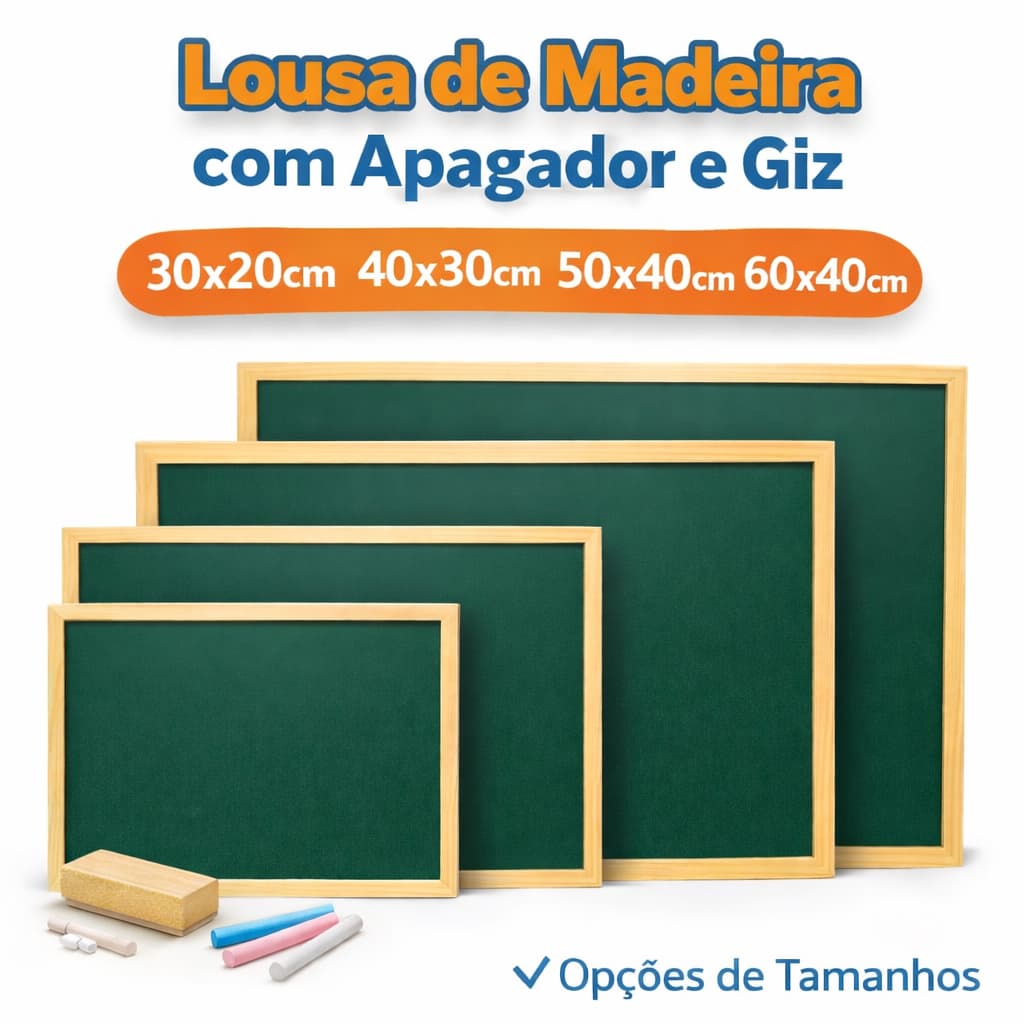 Lousa de Madeira com Apagador e Giz | Quadro Verde Escolar Infantil – Vários Tamanhos