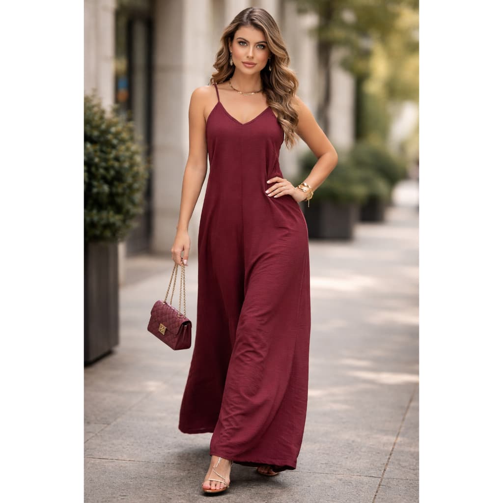 Macacão Feminino Pantalona Alça Fina com Bolso Decote V Elegante Promoção envio em 24 horas