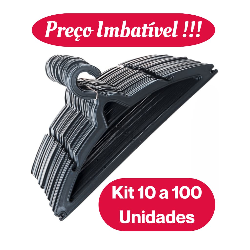 Kit 10 a 100 Cabide Adulto Plástico Preto  - Envio Imediato