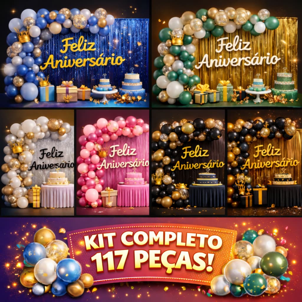 Kit 117 Pcs Balão Feliz Aniversario Cortinas Toalha Bexigas Festa Decoração Enfeite Happy Birthday