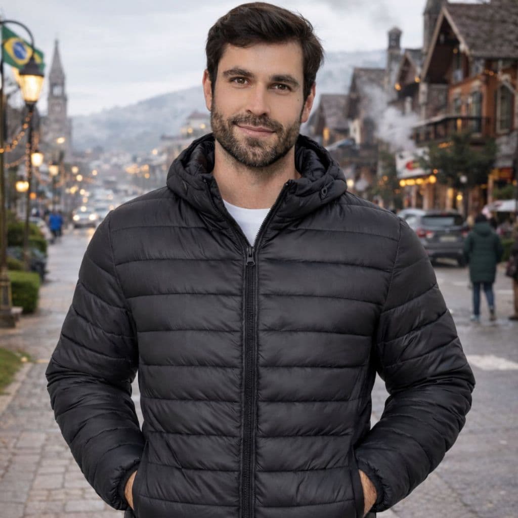 JAQUETA MASCULINA PUFFER PRETA BOBOJACO CAPUZ INVERNO FRIO 2026