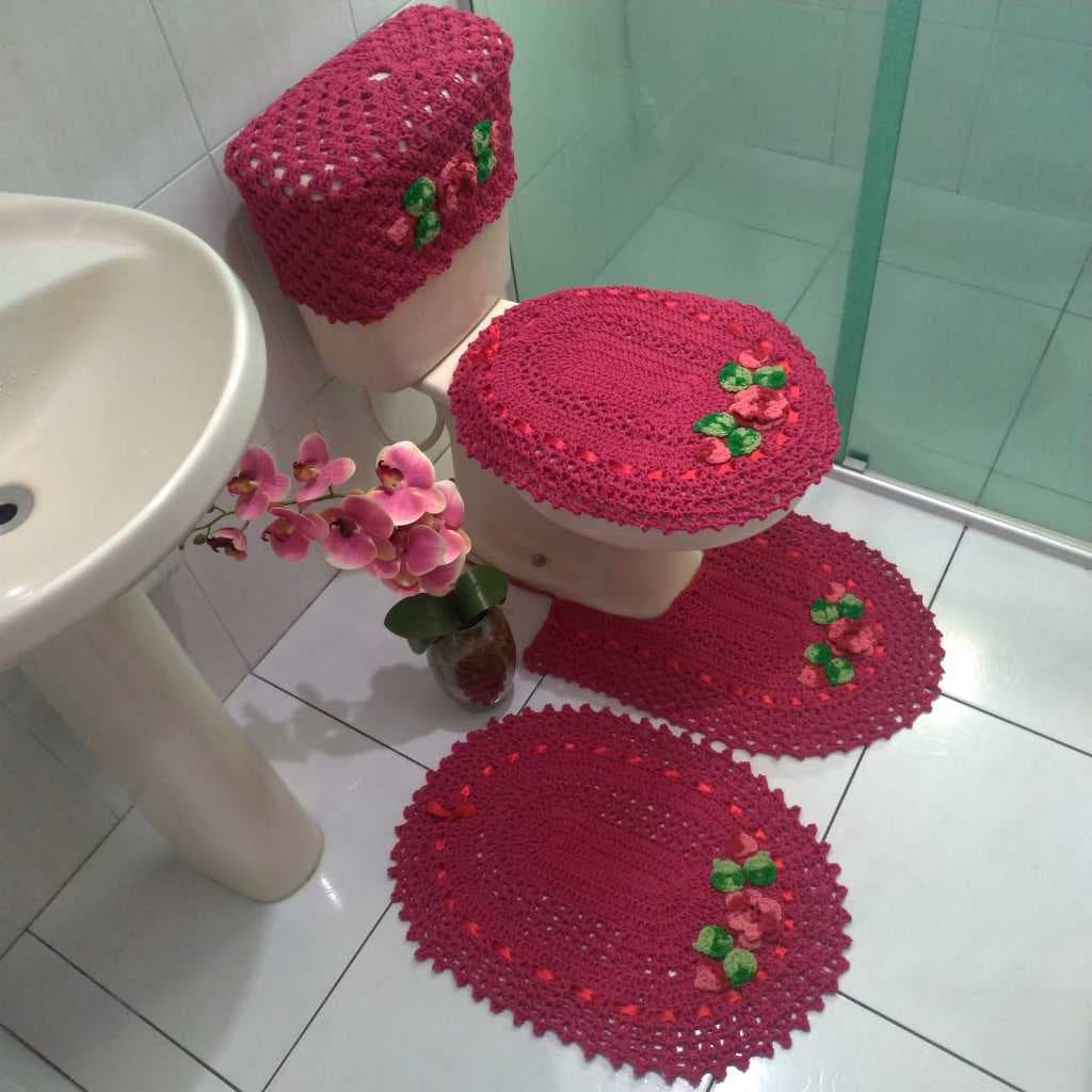Tapete Crochê Colorido Banheiro Jogo 4 Peças Caixa Promoção
