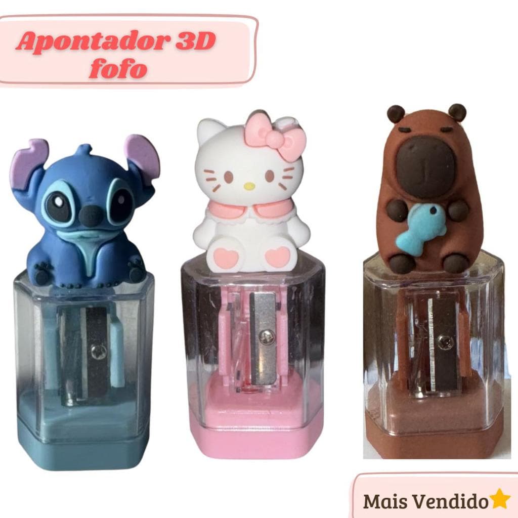 Apontador Kawaii Fofo –Capivara, Hello Kitty, Stitch e PET| Papelaria Escolar Criativa para Presente