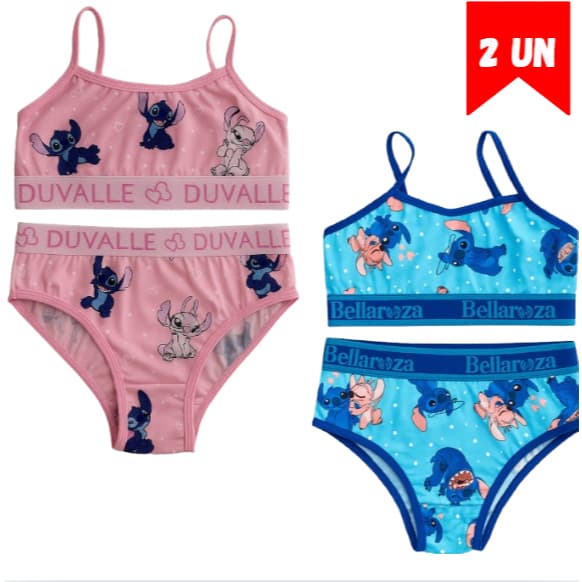 Kit 2 Conjuntos Juvenil para Pré Adolescente Lisos Calcinha e Sutiã Top Elástico Exposto