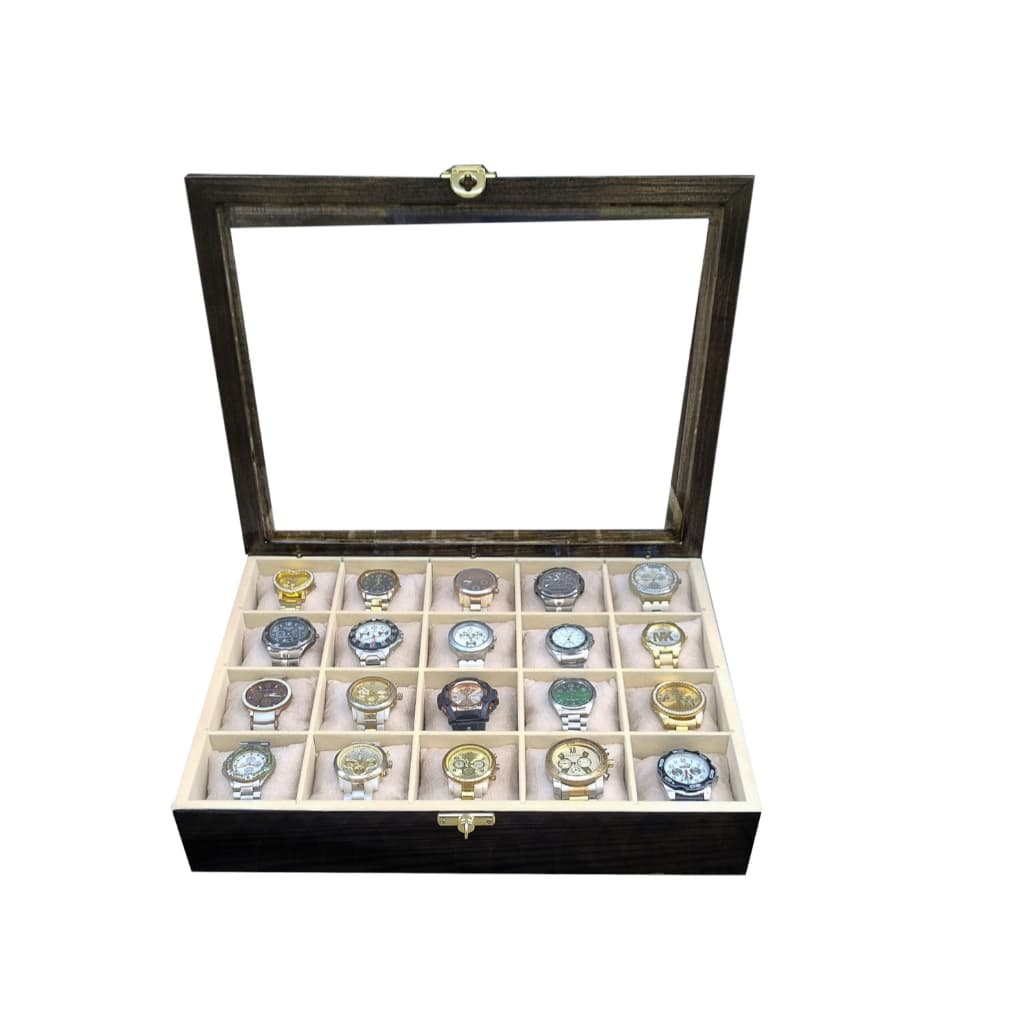 Caixas Relógios Madeira Maciça Ebano Veludo Bege  20 Divisões