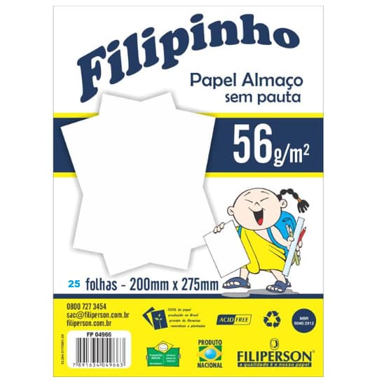 PAPEL ALMAÇO SEM PAUTA E MARGEM 200 MM X 275 MM 56 G – FILIPERSON.