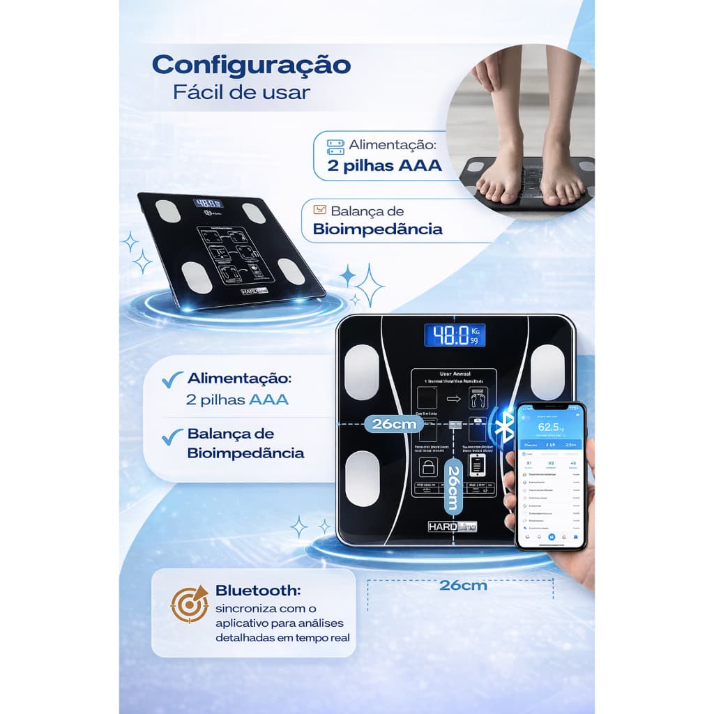 Balança Inteligente IMC com Bioimpedância Balança Corporal com Bluetooth 180kg APP Integrado