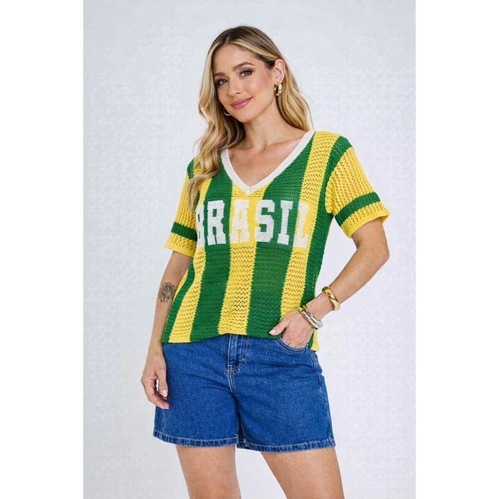 Camisa Brasil Tricot Feminina Crochê Decote V Copa Do Mundo Blusa Verde E Amarelo Brazilcore Moda
