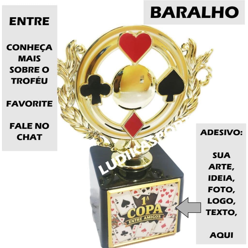 1 a 6 Troféu Baralho Naipes Ramos Ouro 14cm BL1 {Personalizo} Poker Truco Canastra Dourada Truco Uno