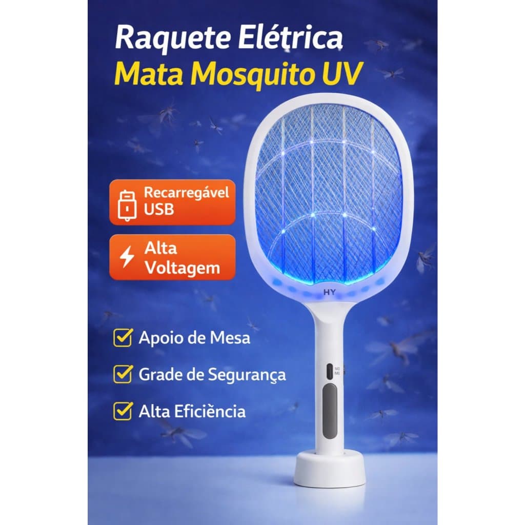 Raquete Elétrica mata mosquitos e insetos  UV Recarregável USB - Bivolt 110v~220v