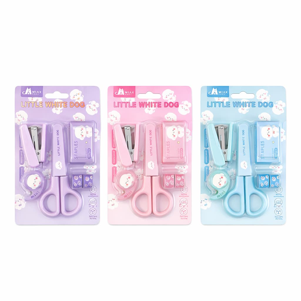 Kit Papelaria Infantil Little White Dog Com Tesoura, Grampeador, Fita E Grampos – Escolar Cute