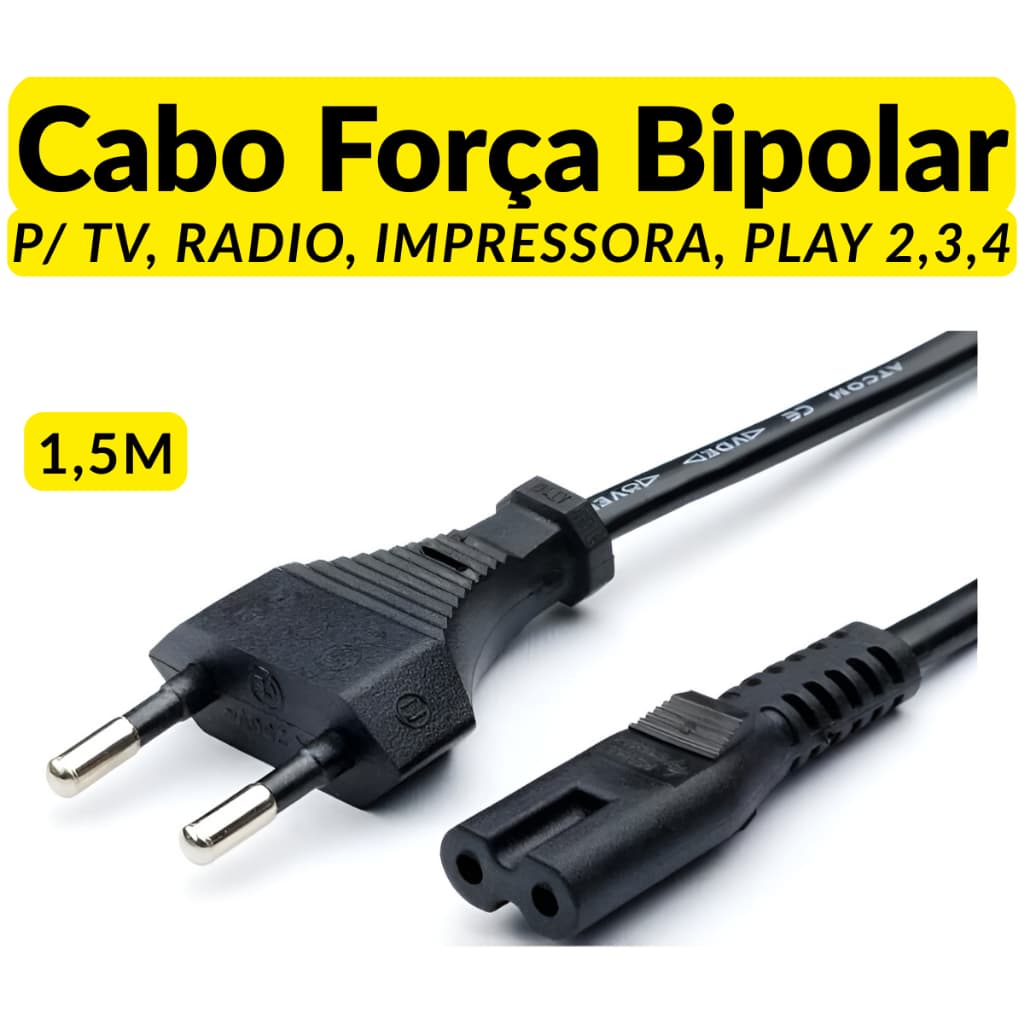 Cabo de Energia Força Bipolar Para TV, Impressora, Radio, PS2 PS3, PS4