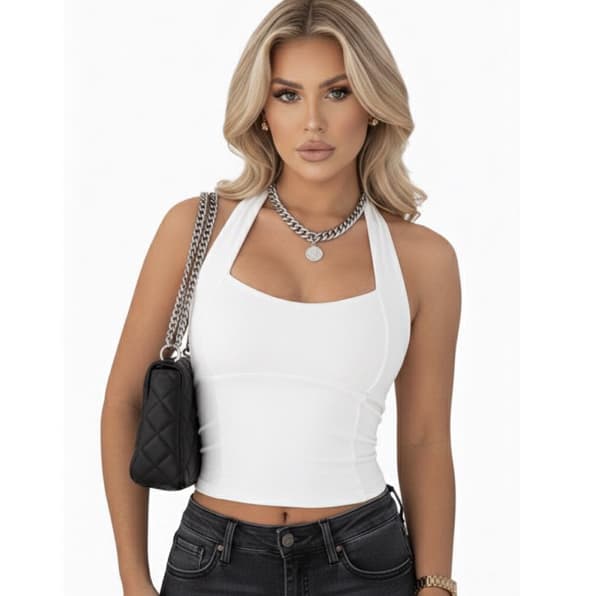 Blusa Feminina Top Halter Cropped Ajustado Decote Frente Unica Costa Nua Casual Moda Gringa Verão 2026