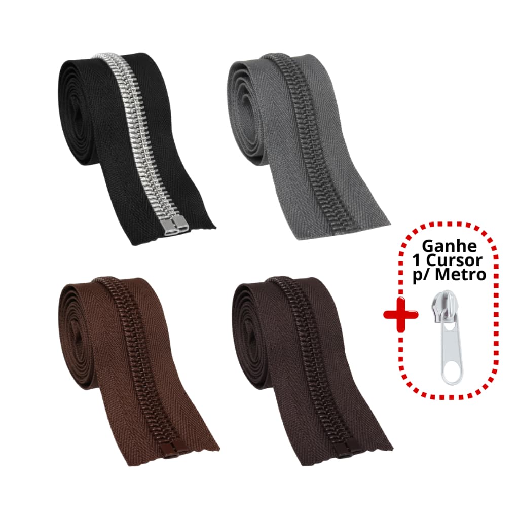 Ziper nº10 para Mala, Bolsa, Mochila, Bags, Necesserie. Cor Preto, Marrom, Café e Cinza