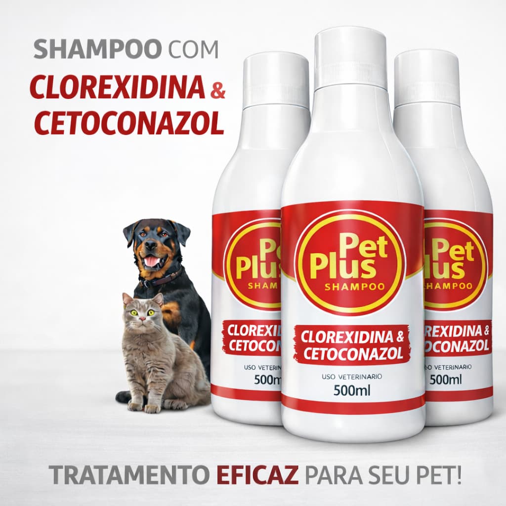 Shampoo  500ml Cetoconazol e Clorexidina Coceira Pet Plus Dermatite Seborreia Anticaspa