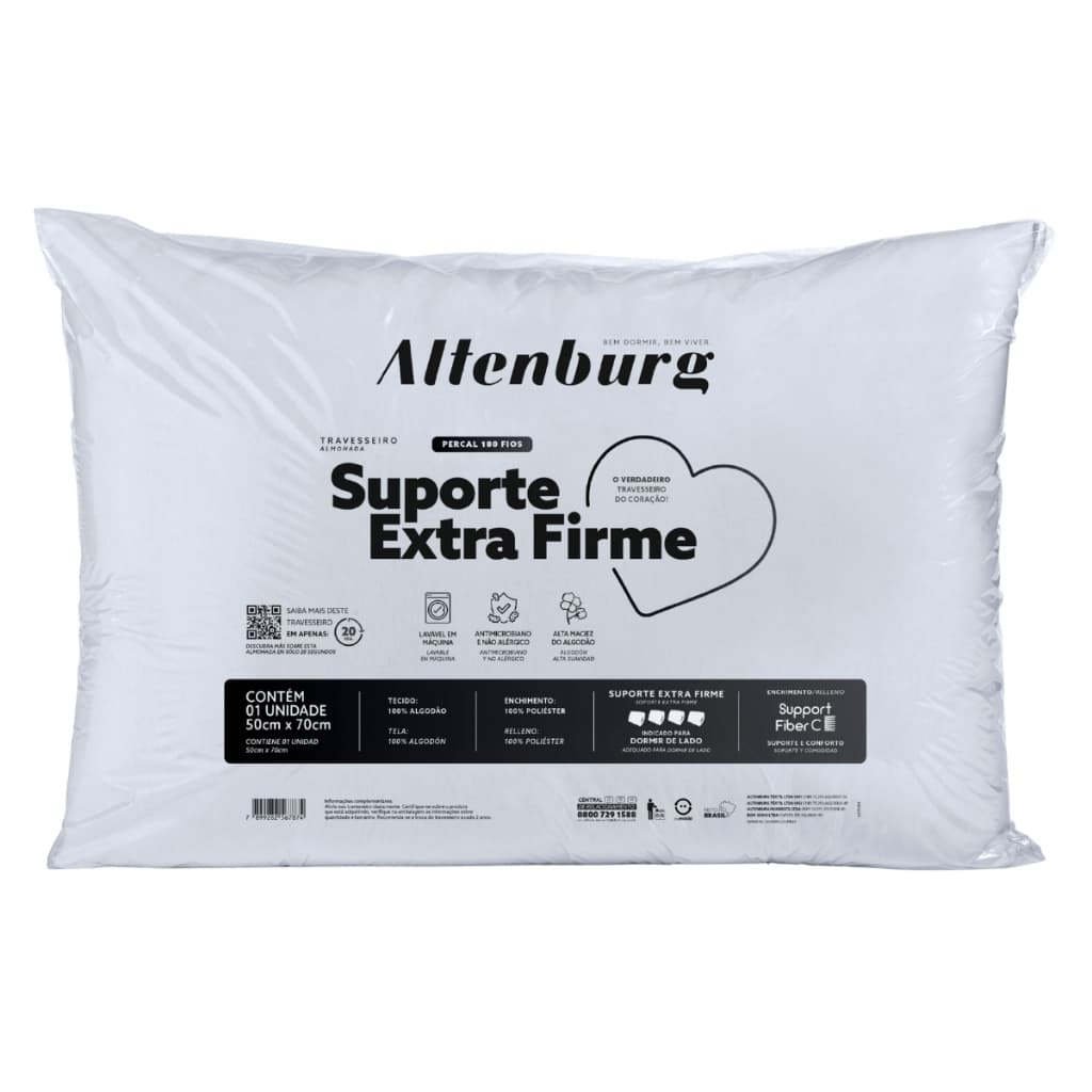 Travesseiro Altenburg Suporte Extra Firme 50x70cm Antialérgico Capa 100% Algodão Percal 180 Fios