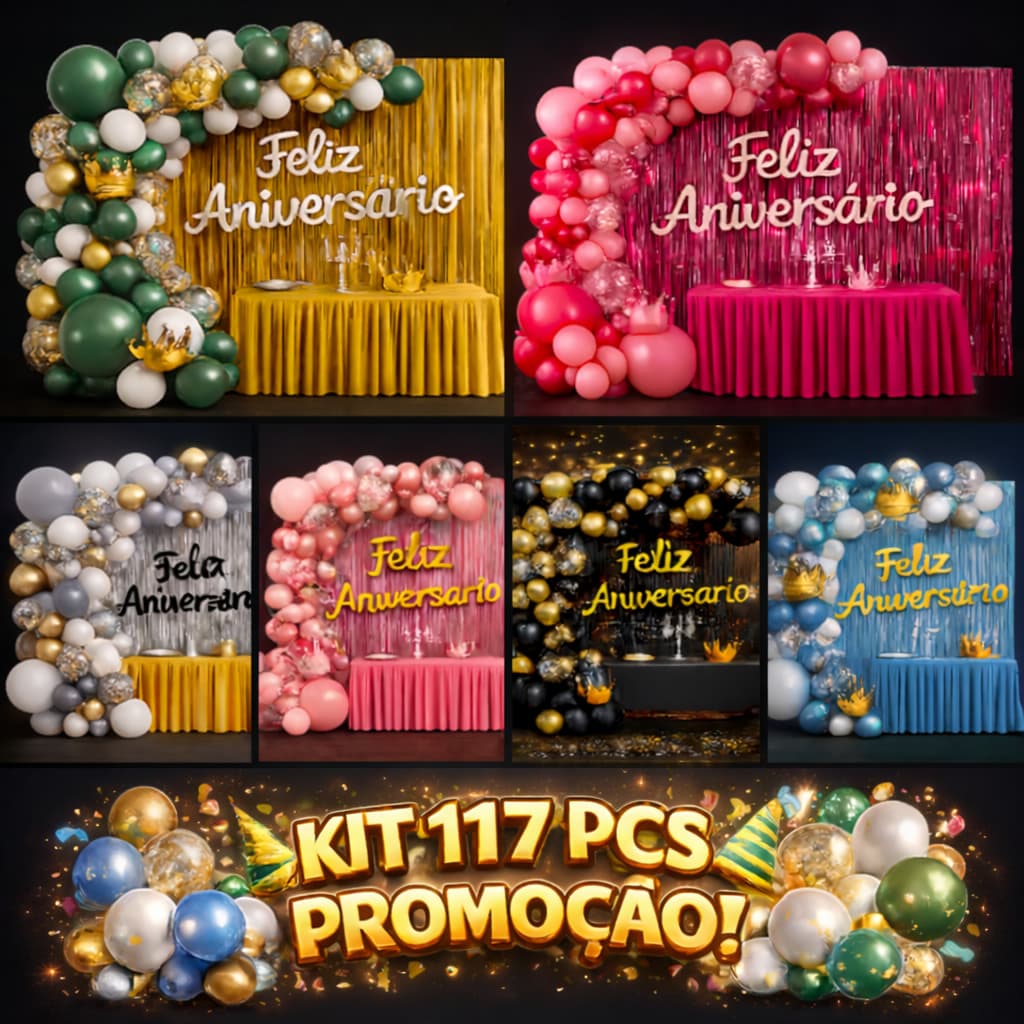 Kit 117 Pcs Balão Feliz Aniversario Cortinas Toalha Bexigas Festa Decoração Enfeite Happy Birthday