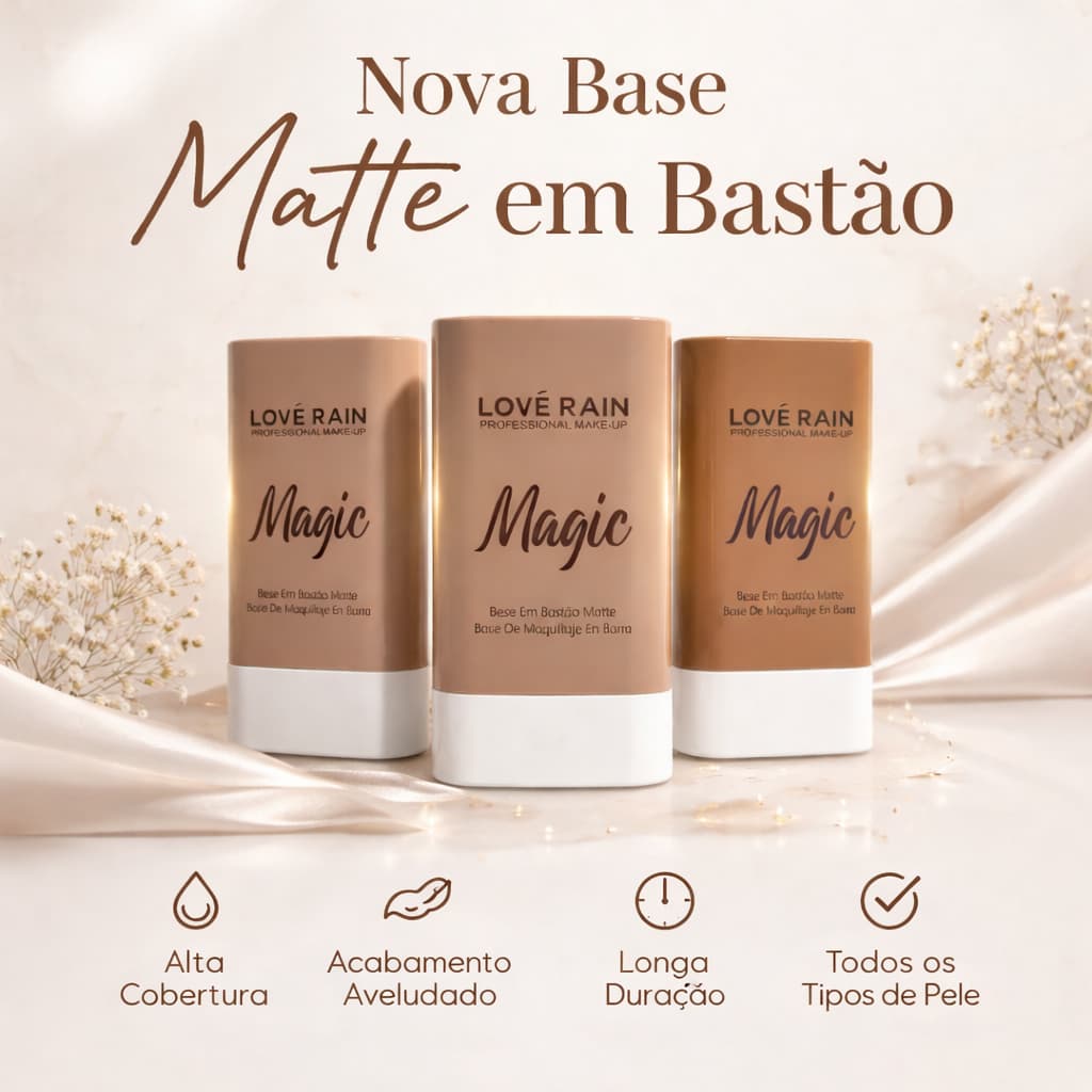 Base Bastão Magic Lové Rain 6 Cores – Base e Corretivo Matte Alta Cobertura, Acabamento Natural