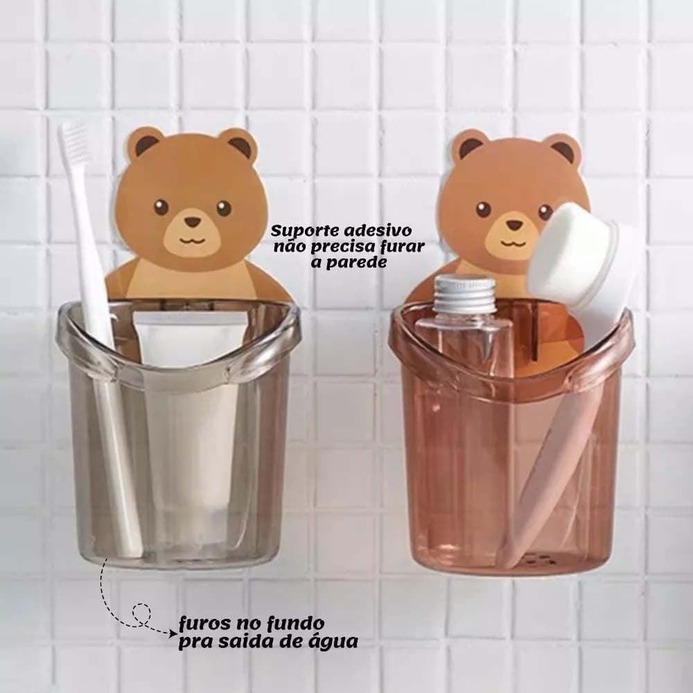 Kit 2 Suporte Porta Escova De Dentes Para Barbeador Banheiro Com Urso Adesivo